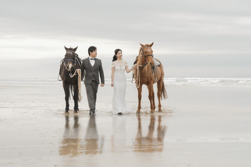 PixCake a man riding a horse on a beach