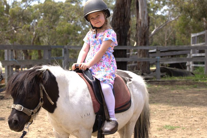 a little girl riding on the back of a horse
